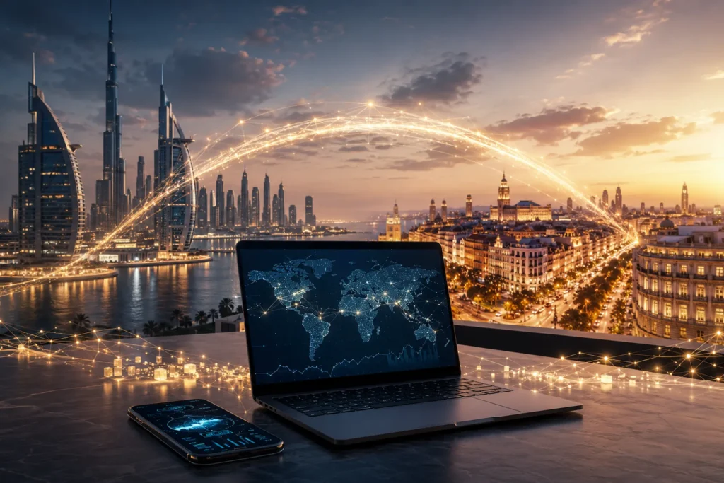 Operativa cripto entre Emiratos Árabes Unidos y España mediante infraestructura digital financiera y conexión internacional