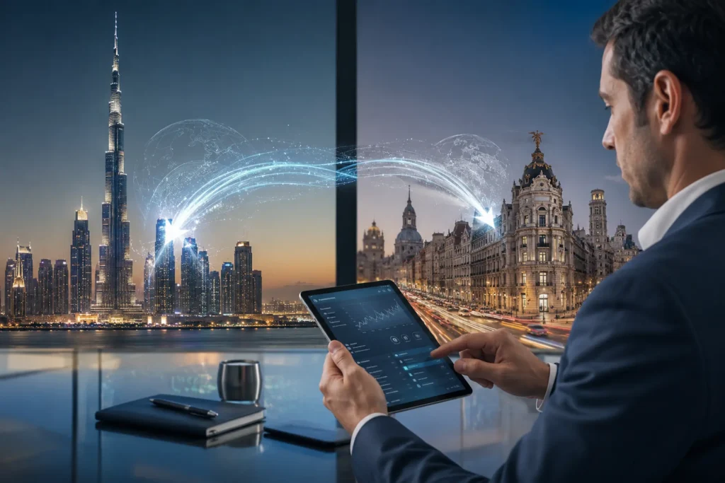 Transferencias bancarias internacionales entre Emiratos Árabes Unidos y España con conexión financiera digital segura