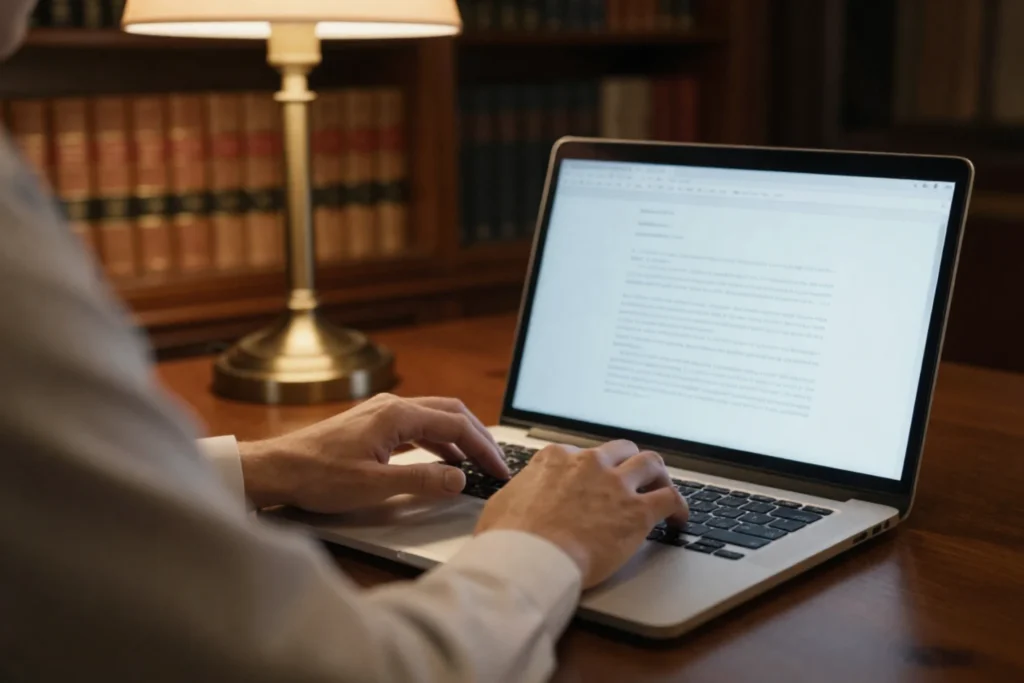 Profesional del ámbito jurídico-financiero redactando documentación de cumplimiento normativo en un ordenador portátil desde un despacho, en el contexto de la adaptación al Paquete AML Europeo y las nuevas obligaciones de prevención del blanqueo de capitales.