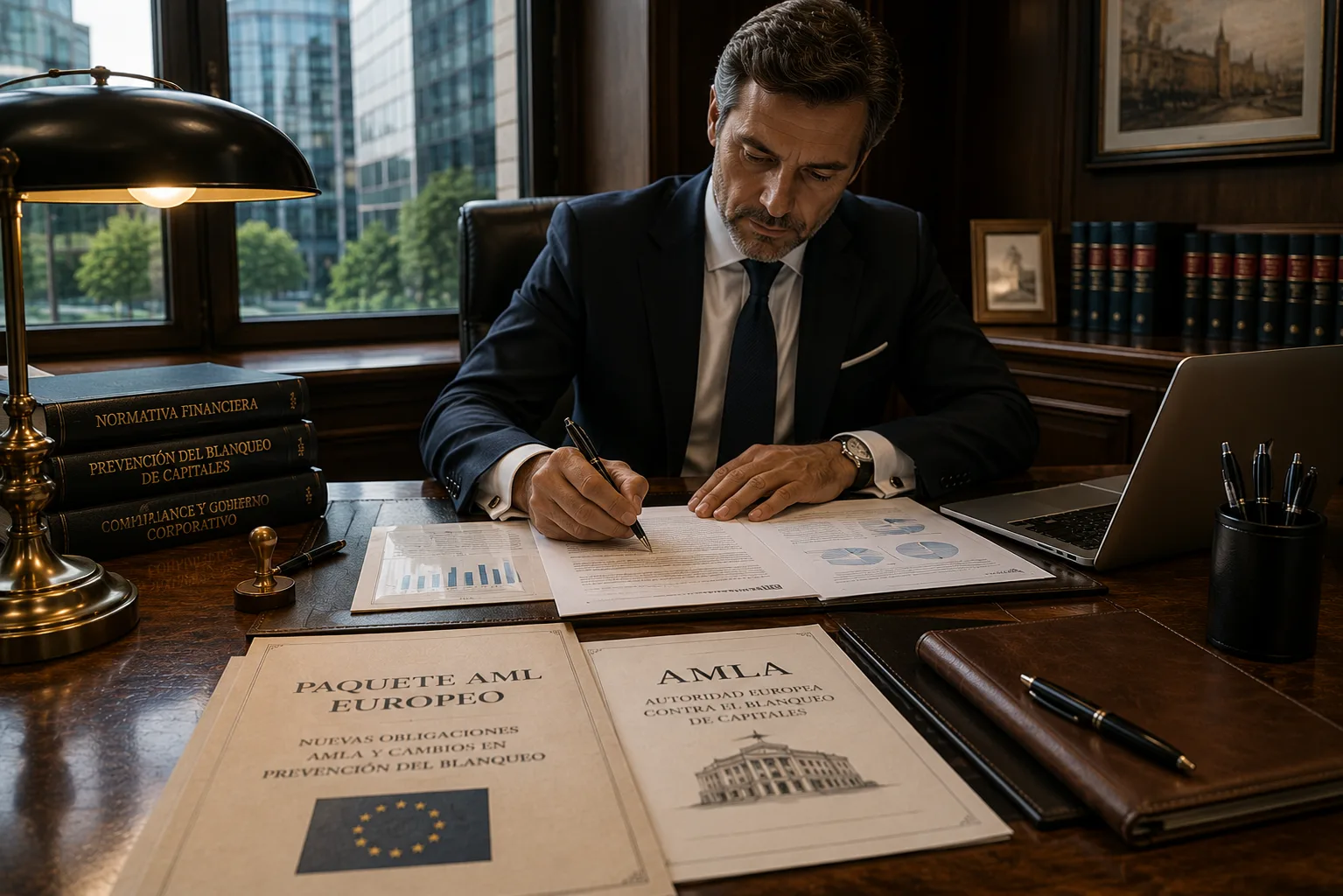 Ejecutivo en un despacho corporativo revisando documentación regulatoria y normativa de prevención del blanqueo de capitales, con libros de compliance, ordenador portátil y expedientes relacionados con AMLA y el Paquete AML Europeo.