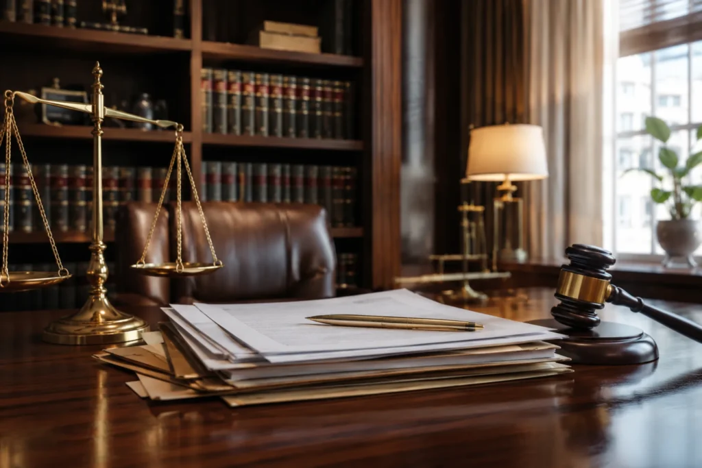 Balanza de la justicia, mazo y documentos sobre la mesa para la prevención de blanqueo de capitales