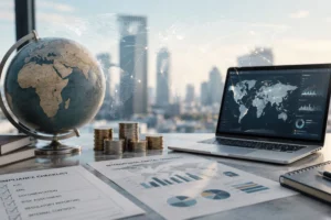 Transferencias internacionales de capitales con documentación de cumplimiento normativo, análisis financiero y supervisión de operaciones globales.
