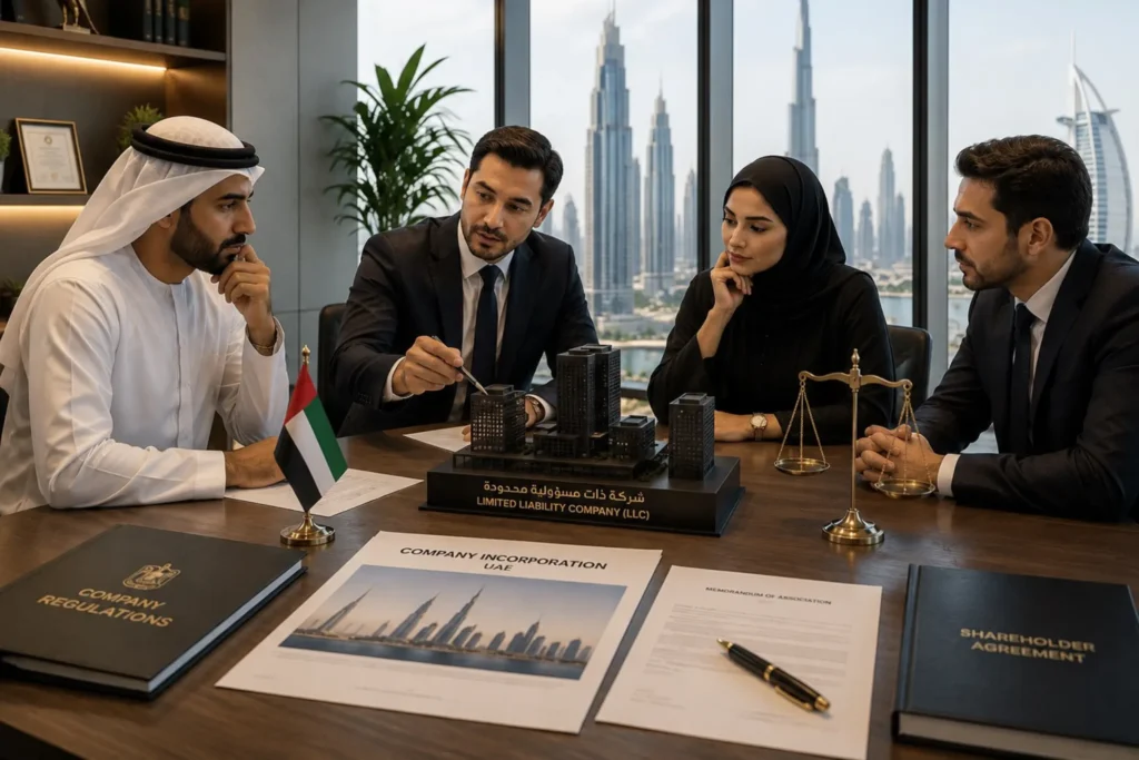 Empresarios y asesores analizan una estructura societaria en Emiratos Árabes Unidos durante una reunión corporativa en Dubái, con documentación legal, modelo empresarial, balanza de justicia y acuerdos de accionistas sobre la mesa.