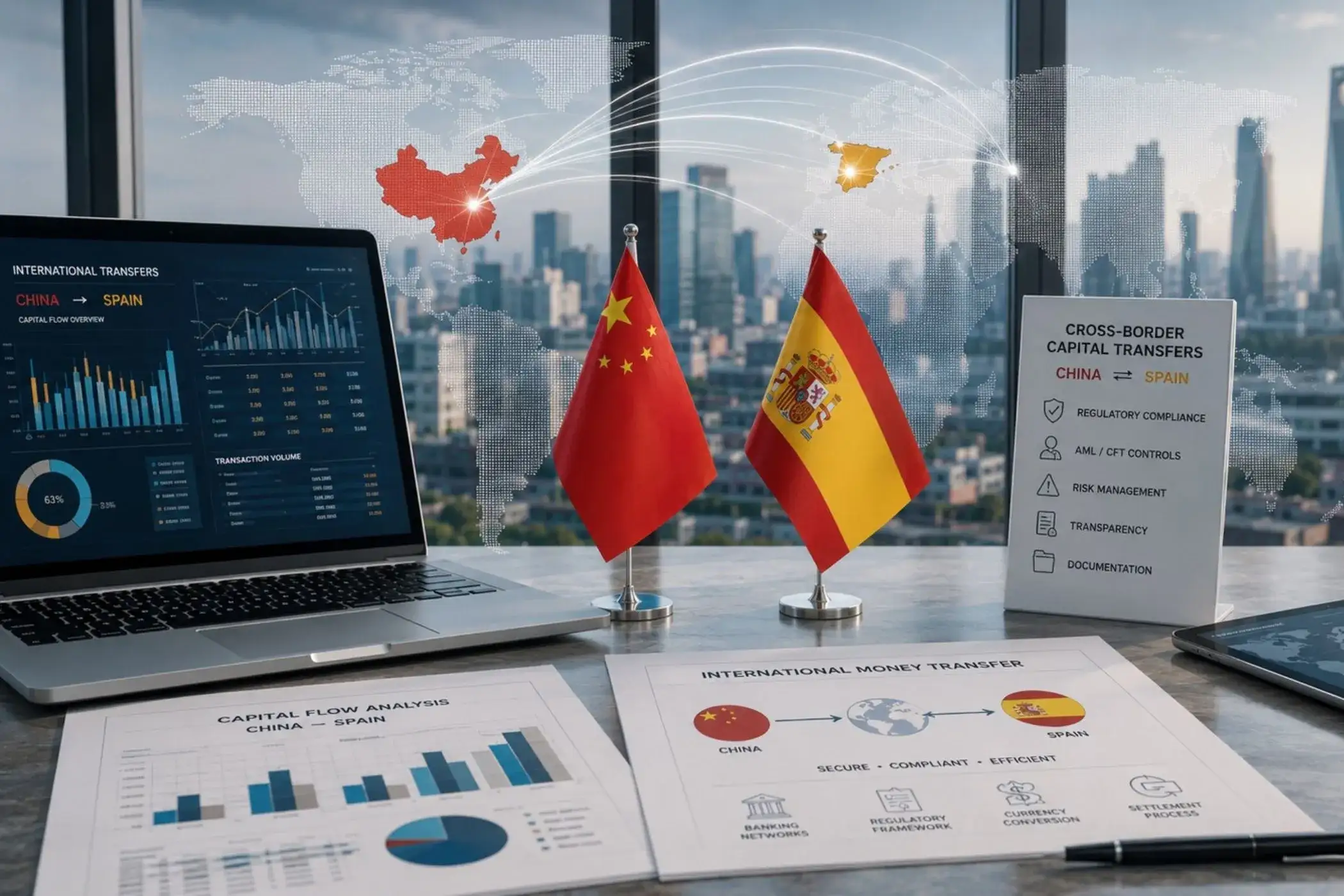 Entorno corporativo con indicadores financieros, documentación de cumplimiento normativo y representación visual de transferencias internacionales de capitales entre China y España.