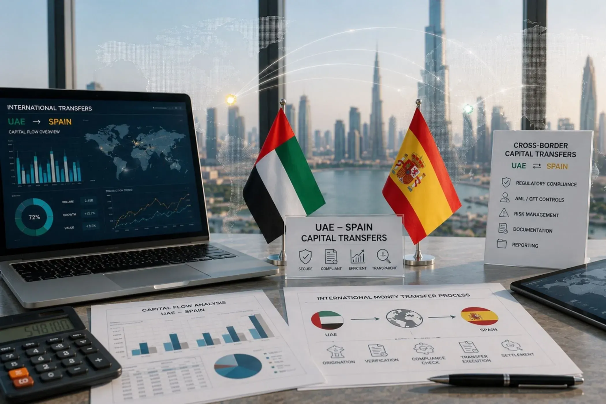 Análisis financiero y cumplimiento normativo en operaciones de transferencia internacional de capitales entre Emiratos Árabes Unidos y España.