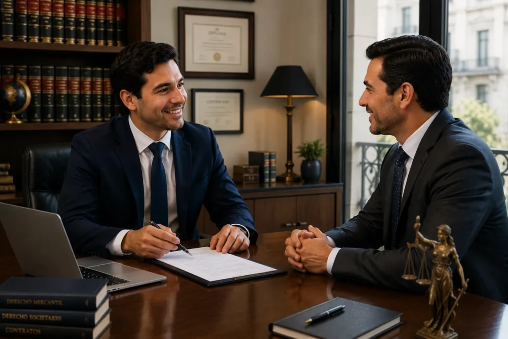 Dos empresarios reunidos en un despacho profesional revisando documentación para la constitución de una sociedad en España, con libros jurídicos y elementos legales de fondo.