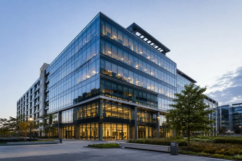 Edificio corporativo moderno que representa la continuidad de una empresa frente a los conflictos entre socios y la importancia de evitar el bloqueo societario.