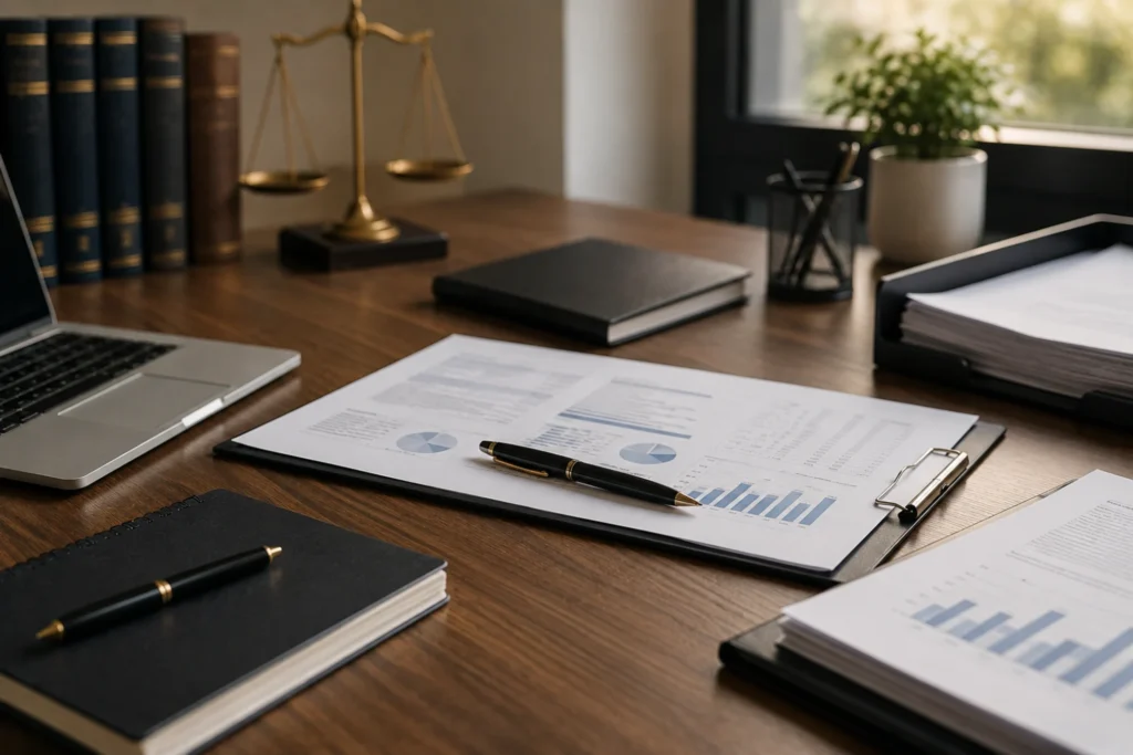 Escritorio profesional con documentación empresarial no legible, ordenador portátil y material de trabajo relacionado con un procedimiento de arbitraje comercial.
