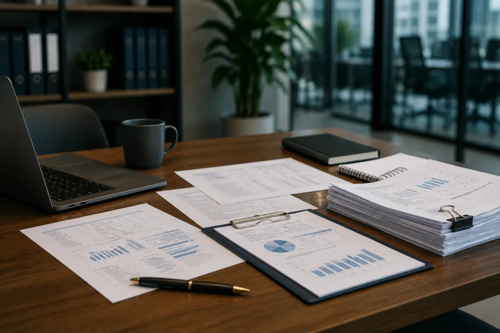 Escritorio de oficina con documentación empresarial no legible, ordenador portátil y material de trabajo relacionado con la resolución de conflictos entre socios.
