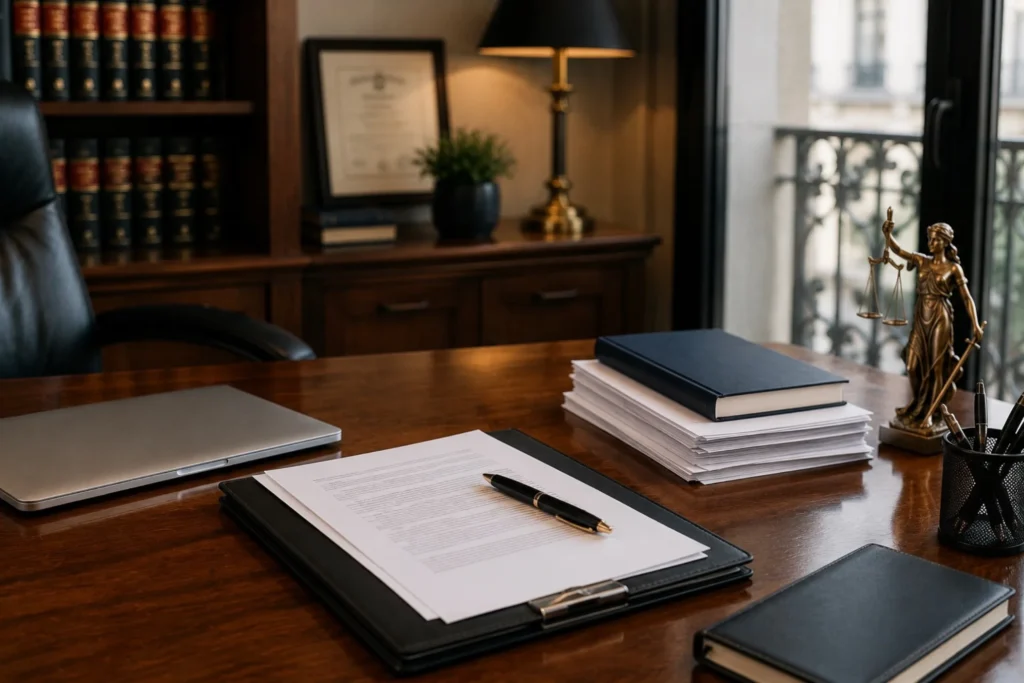 Escritorio de un despacho profesional con documentación societaria no legible, ordenador portátil, libros jurídicos y elementos legales relacionados con la constitución de empresas en España.