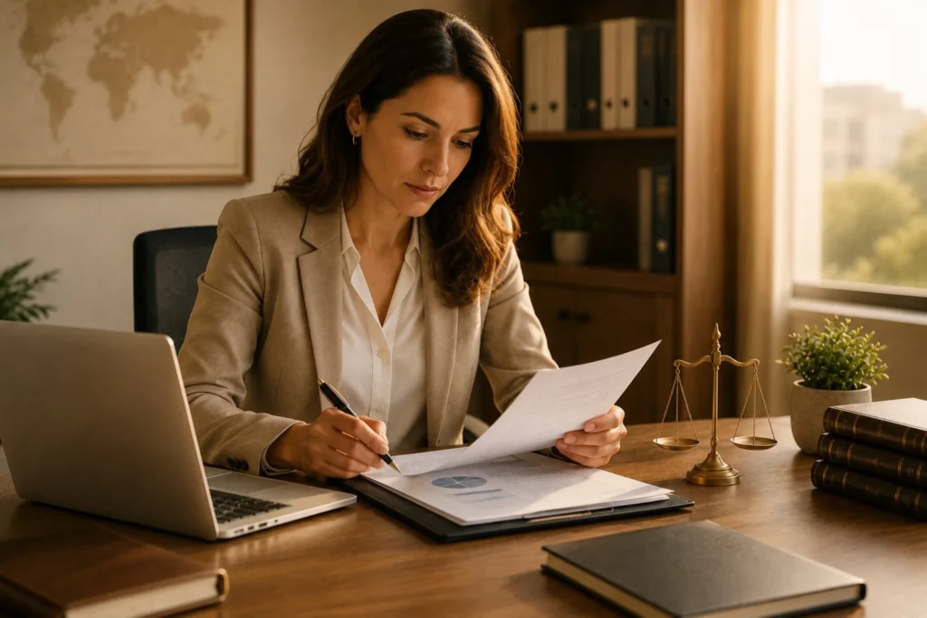 Empresaria revisando documentación no legible en un despacho profesional durante el proceso de obtención de licencias y autorizaciones para una entidad de pago en España.