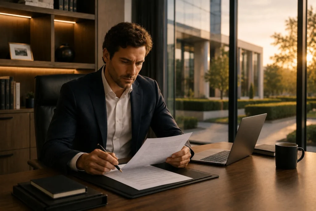 Empresario revisando documentación no legible en un despacho profesional durante el proceso de solicitud de autorización ante la CNMV.