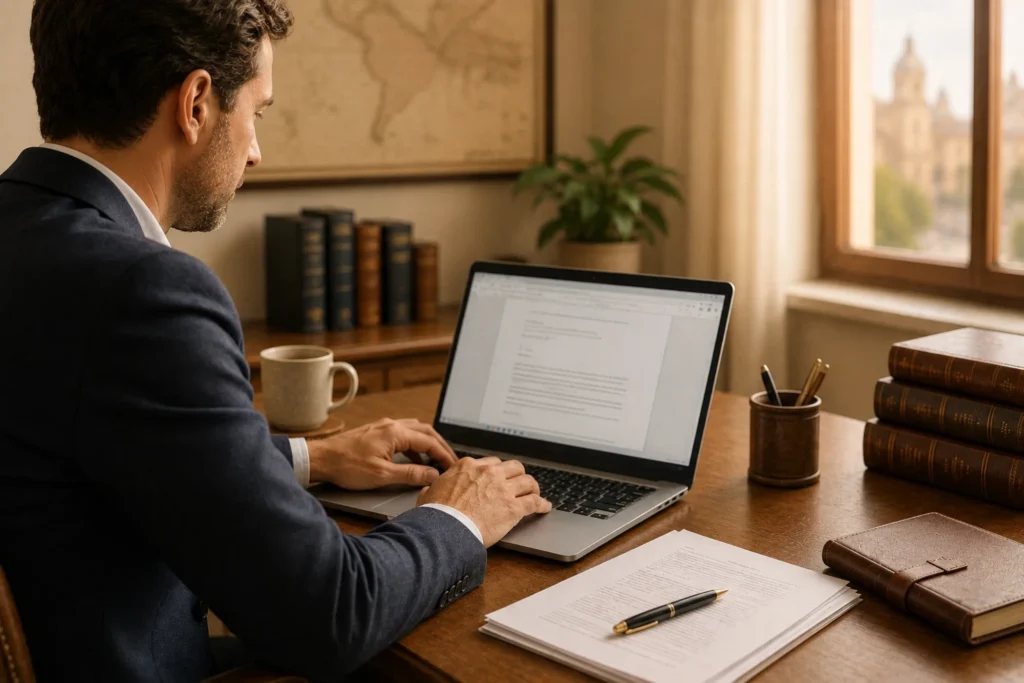 Empresario trabajando con un ordenador portátil en un despacho profesional mientras revisa documentación financiera para planificar el traslado de capital desde Latinoamérica a España.