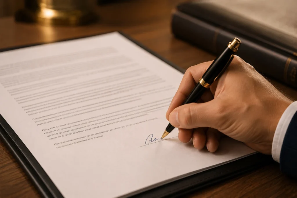 Primer plano de una mano firmando documentación no legible relacionada con la solicitud de licencias y autorizaciones para una entidad de pago en España.
