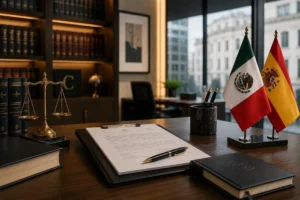 Documentación financiera y corporativa sobre una mesa de trabajo con las banderas de México y España, un ordenador portátil y una vista panorámica de Madrid, representando una inversión internacional.