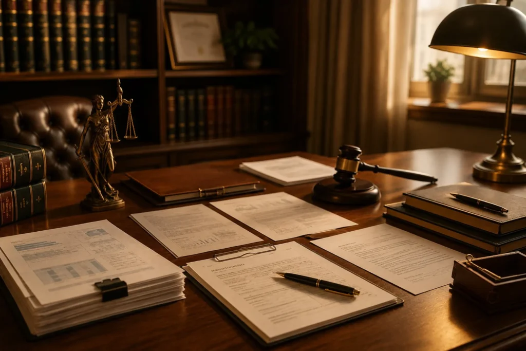 Mesa de madera en un despacho profesional con documentación financiera no legible, libros jurídicos y elementos legales que representan la planificación de una inversión en España desde México.