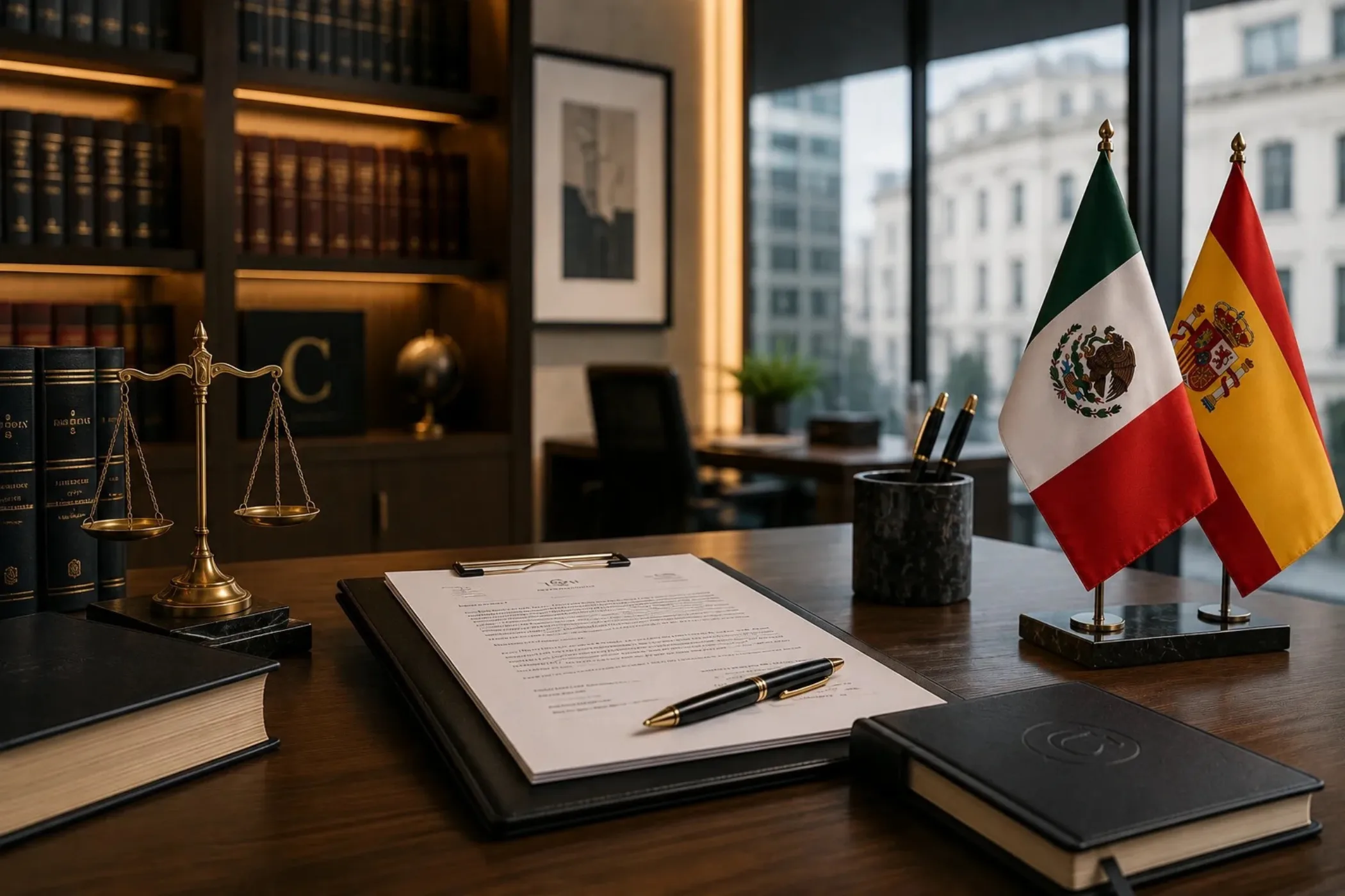 Documentación financiera y corporativa sobre una mesa de trabajo con las banderas de México y España, un ordenador portátil y una vista panorámica de Madrid, representando una inversión internacional.