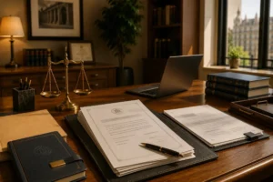 Oficina profesional con mobiliario de madera, documentación regulatoria, ordenador portátil y elementos jurídicos que representan el proceso de autorización de una entidad de pago en España.