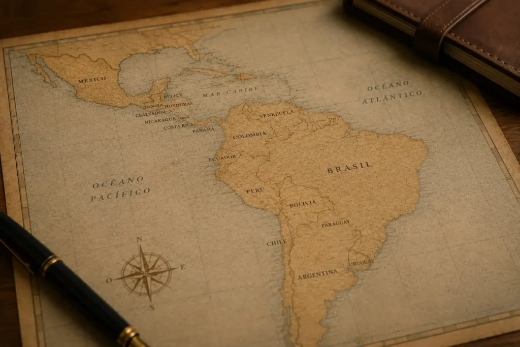 Mapa de Latinoamérica sobre un escritorio de madera con cuaderno y pluma, representando la expansión empresarial y la constitución de sociedades en España.