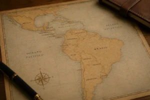 Mapa de Latinoamérica sobre un escritorio de madera con cuaderno y pluma, representando la expansión empresarial y la constitución de sociedades en España.