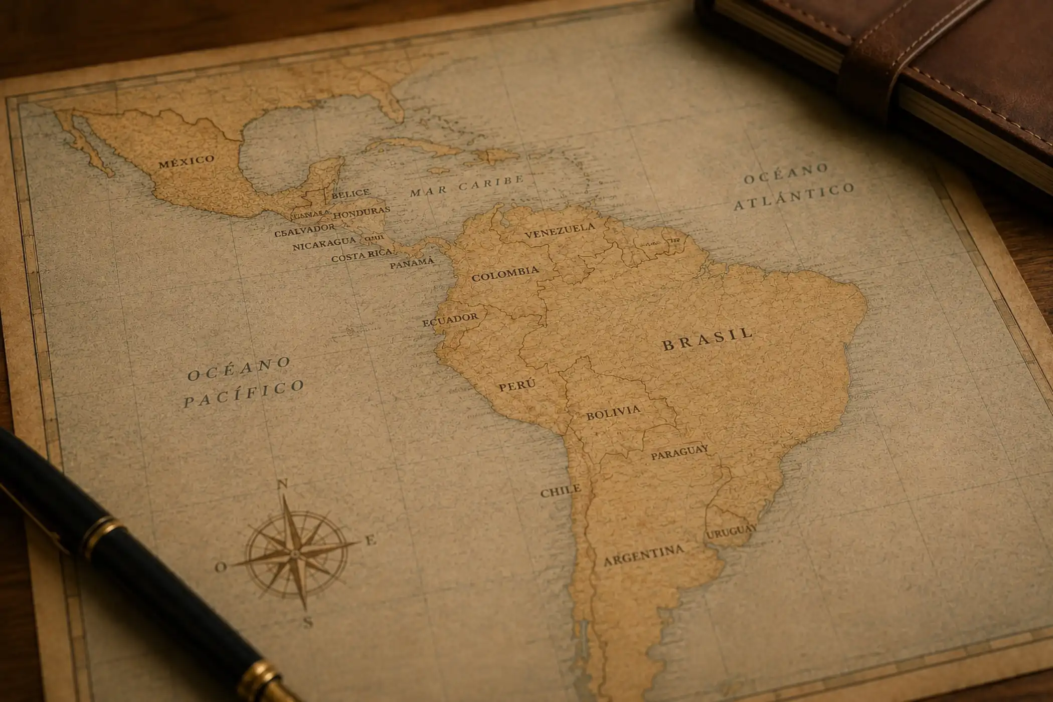 Mapa de Latinoamérica sobre un escritorio de madera con cuaderno y pluma, representando la expansión empresarial y la constitución de sociedades en España.