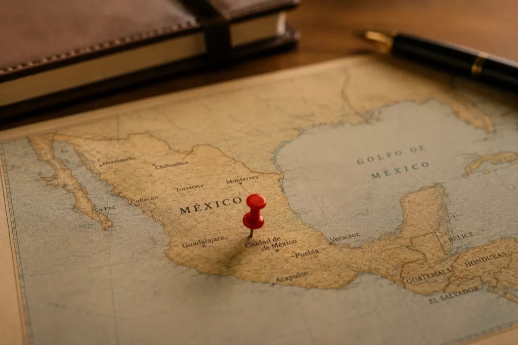 Mapa de México con una chincheta señalando el país sobre una mesa de trabajo, representando el origen de inversiones y operaciones internacionales hacia España.