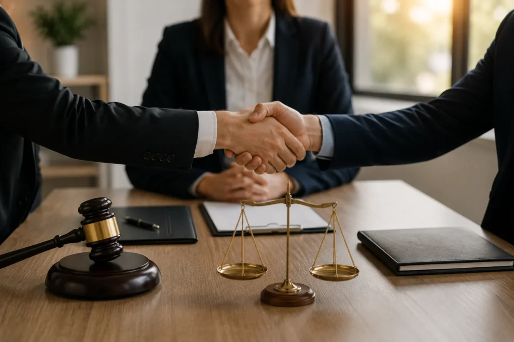 Dos empresarios estrechan la mano junto a una balanza de la justicia y un mazo judicial, simbolizando un acuerdo alcanzado mediante arbitraje comercial.