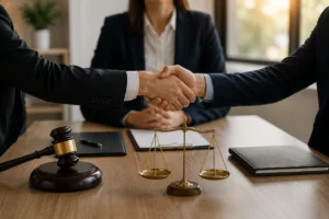 Dos empresarios estrechan la mano junto a una balanza de la justicia y un mazo judicial, simbolizando un acuerdo alcanzado mediante arbitraje comercial.