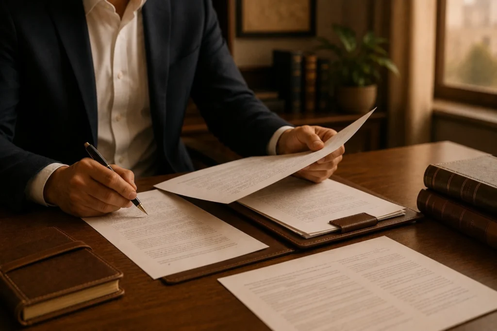 Empresario revisando documentación financiera no legible en un despacho profesional durante el proceso de traslado de capital desde Latinoamérica a España.