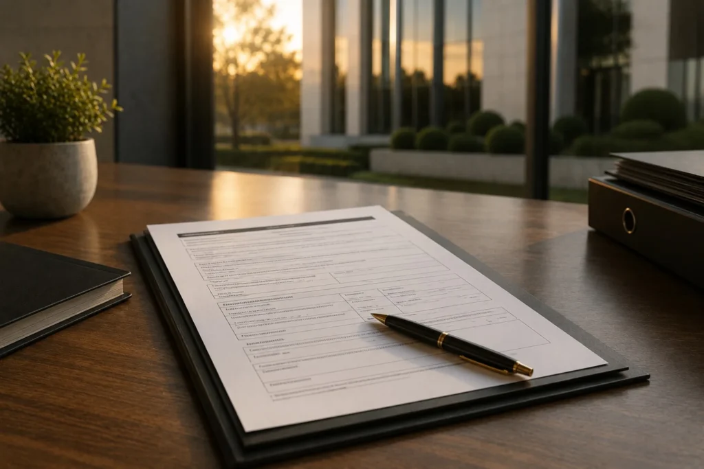 Primer plano de una solicitud de autorización con texto no legible sobre un escritorio profesional, representando el proceso documental ante la CNMV.