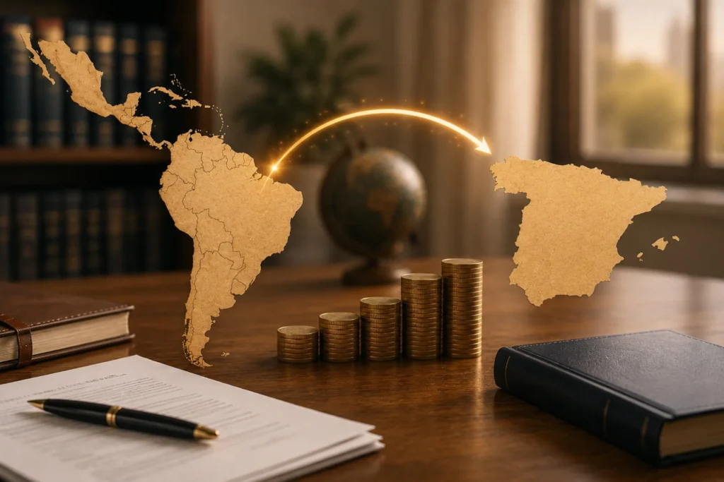 Representación del traslado de capital desde Latinoamérica a España mediante mapas, monedas y documentación financiera sobre un escritorio profesional.